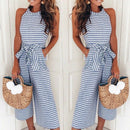 Vrouwen Gestreepte Taille Gordel Wijde Pijpen Jumpsuit