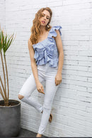 One-shoulder striped blouse with ruffles