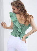 One-shoulder striped blouse with ruffles